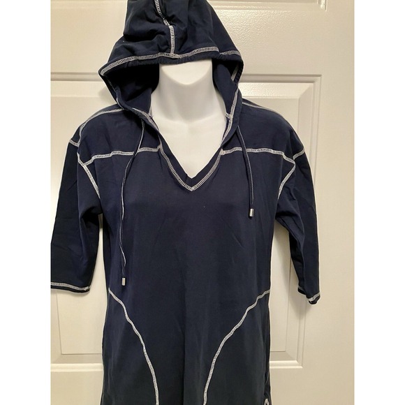 eShakti Navy Blue White Hoodie Stretch Dress Pockets Sz Small 4 V Neck  *CUTE*!! - Picture 2 of 5